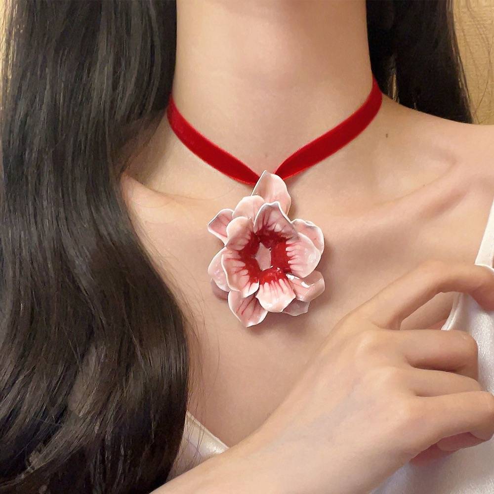 Cute Large Rose Velvet Red Cord Choker