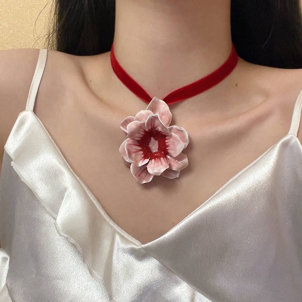 Cute Large Rose Velvet Red Cord Choker