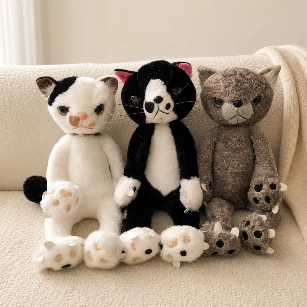 Black White and Gray Scowling Cat Plushes on a Cream Sofa