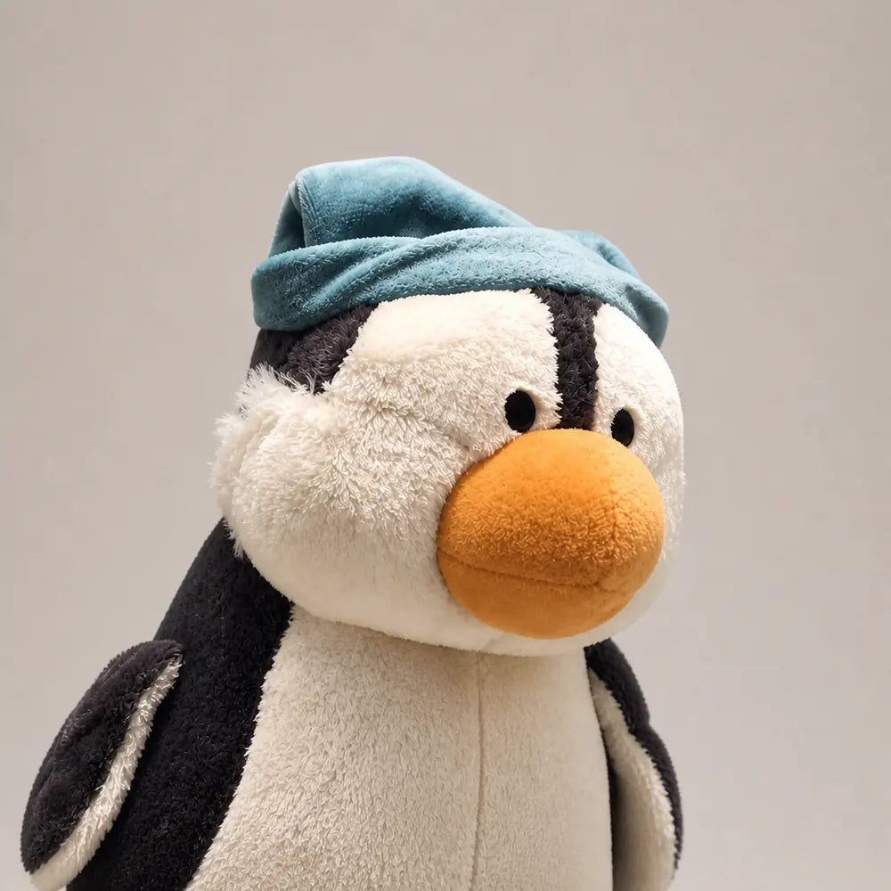 Blue Sleep Cap Penguin Plush Toy - Face Detail
