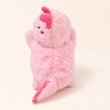 Rear view of the fluffy Sleepy Pink axolotl plush with a darker pink tail fin.