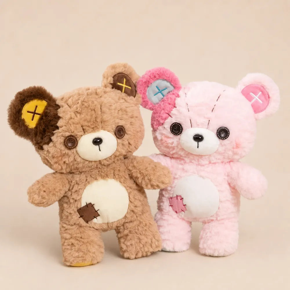 Tan and Pink Patchwork Teddy Bear Plush Pair on Oatmeal Studio Background