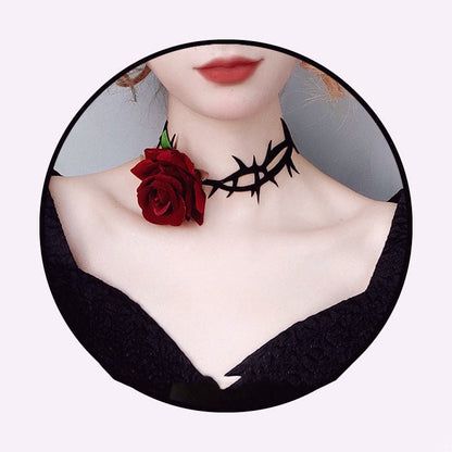 Thorn Design Black/Red Rose Choker