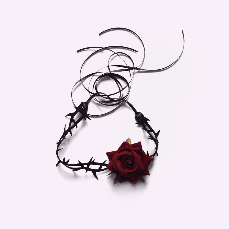 Thorn Design Black/Red Rose Choker