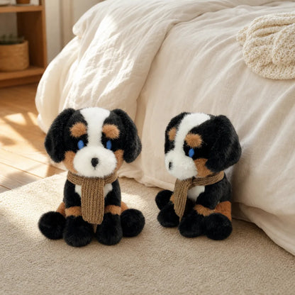 Cozy Scarf Animal Plush - Black White and Tan Pair in a Bedroom