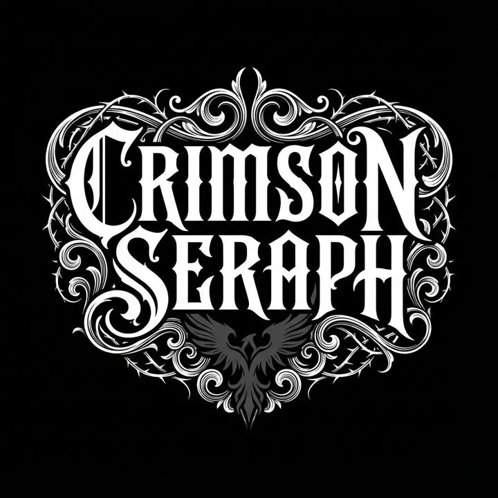Decorative gothic logo with 'Crimson Seraph' text on a black background