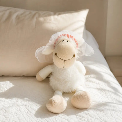 White Bride Wedding Sheep Plush on a Bed