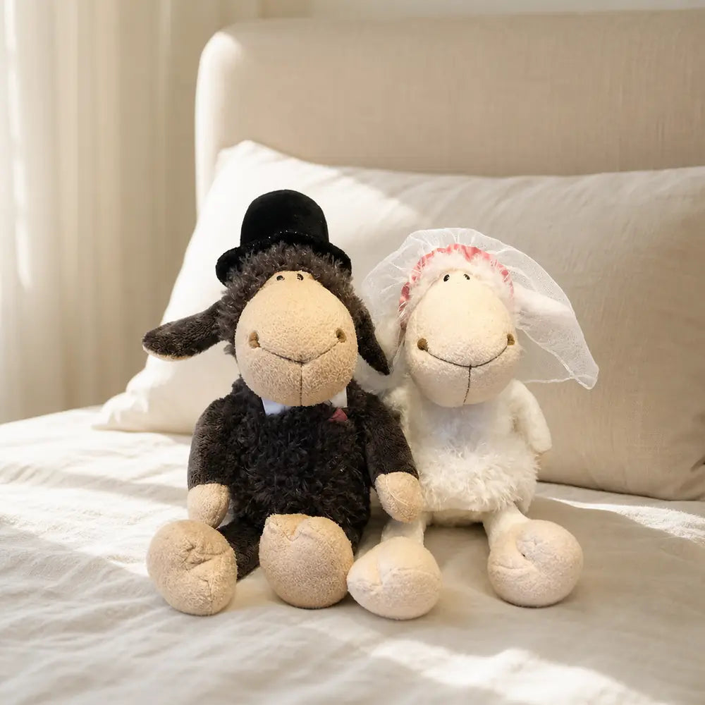 Wedding Sheep Plush Bride and Groom on a Bed