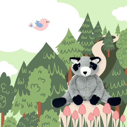 Cute Gray Weighted Raccoon Plush Toy in the woods