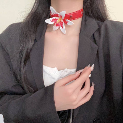 Flower Motif White & Red Leather Choker