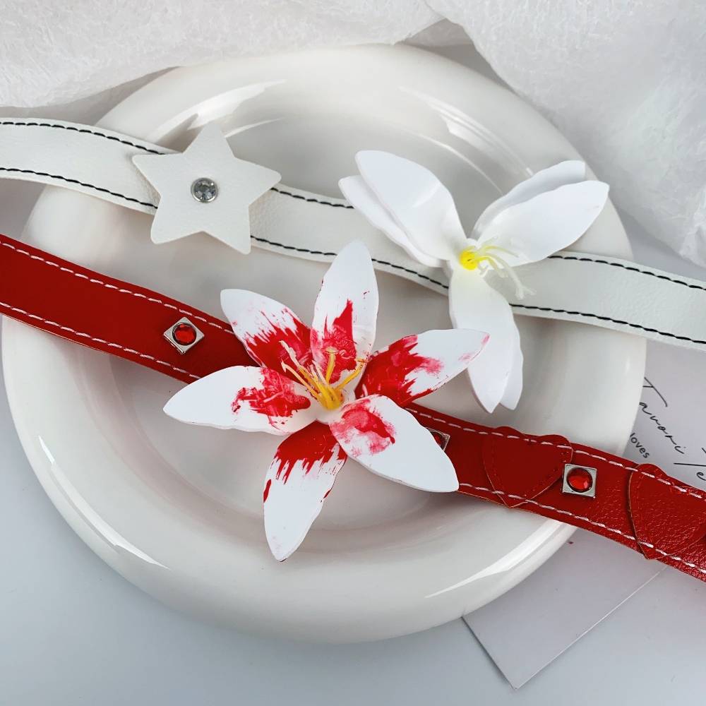 Flower Motif White & Red Leather Choker