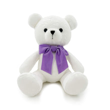 This plush toy features a white bear with purple bow tie