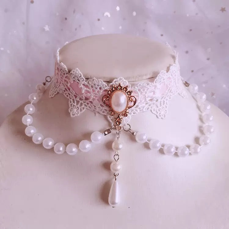 Cute Pearl Decoration Ribbon White Lace Choker