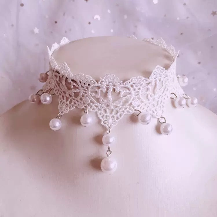 Cute Pearl Decoration Ribbon White Lace Choker