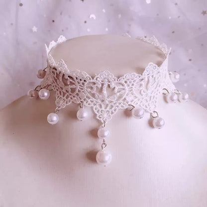 Cute Pearl Decoration Ribbon White Lace Choker