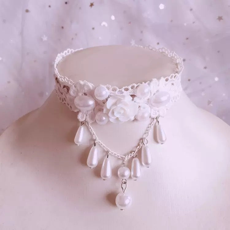 Cute Pearl Decoration Ribbon White Lace Choker