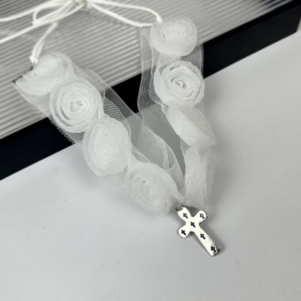 White Lace Rose Motif Cross Charm Choker
