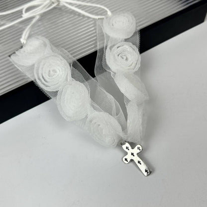White Lace Rose Motif Cross Charm Choker