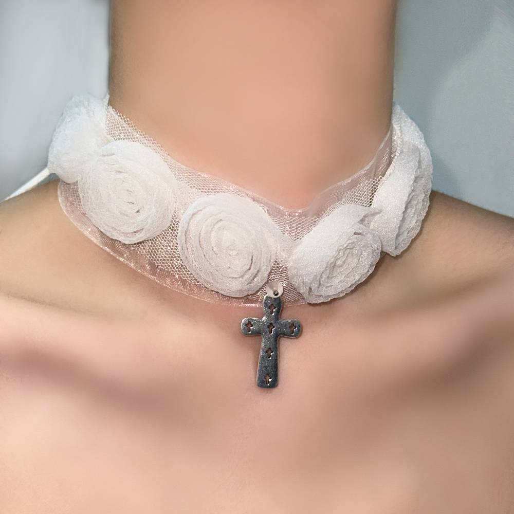 White Lace Rose Motif Cross Charm Choker