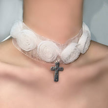 White Lace Rose Motif Cross Charm Choker