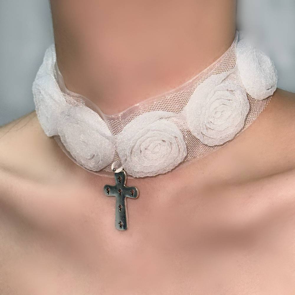 White Lace Rose Motif Cross Charm Choker