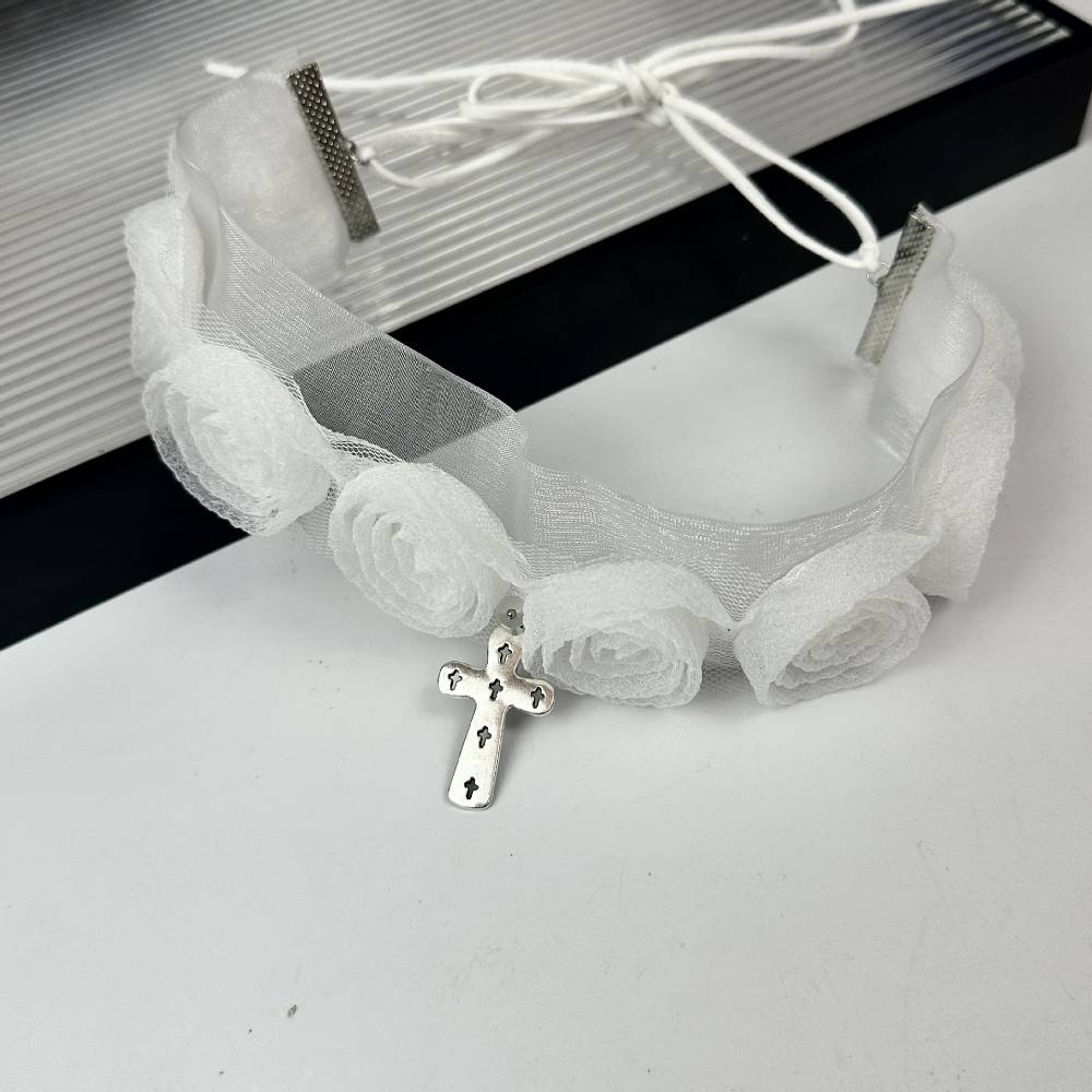 White Lace Rose Motif Cross Charm Choker