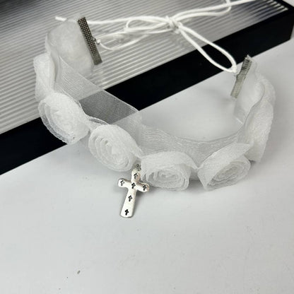 White Lace Rose Motif Cross Charm Choker