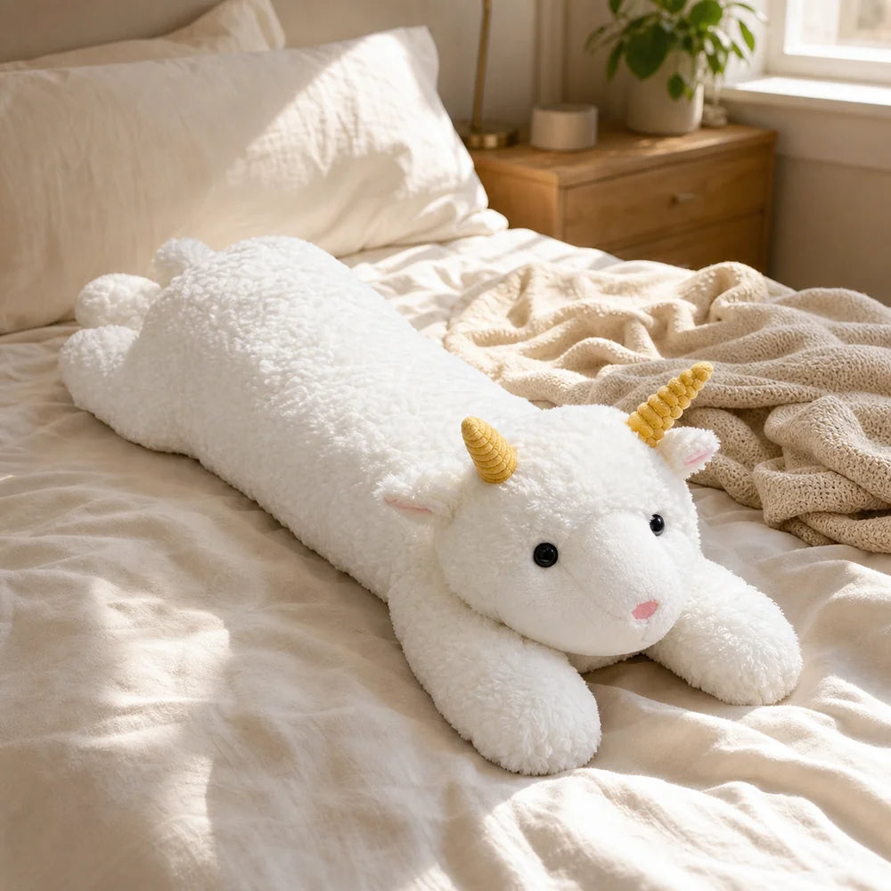 White Long Unicorn Plush Pillow on a Sunlit Bed