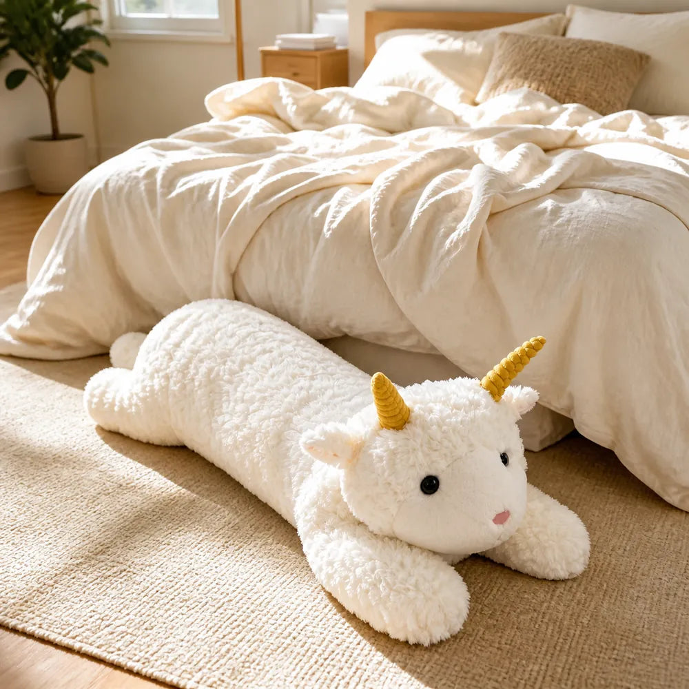 White Long Unicorn Plush Pillow in a Cozy Bedroom