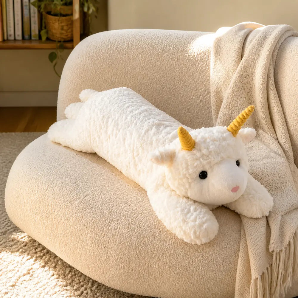 White Long Unicorn Plush Pillow on a Reading Chair