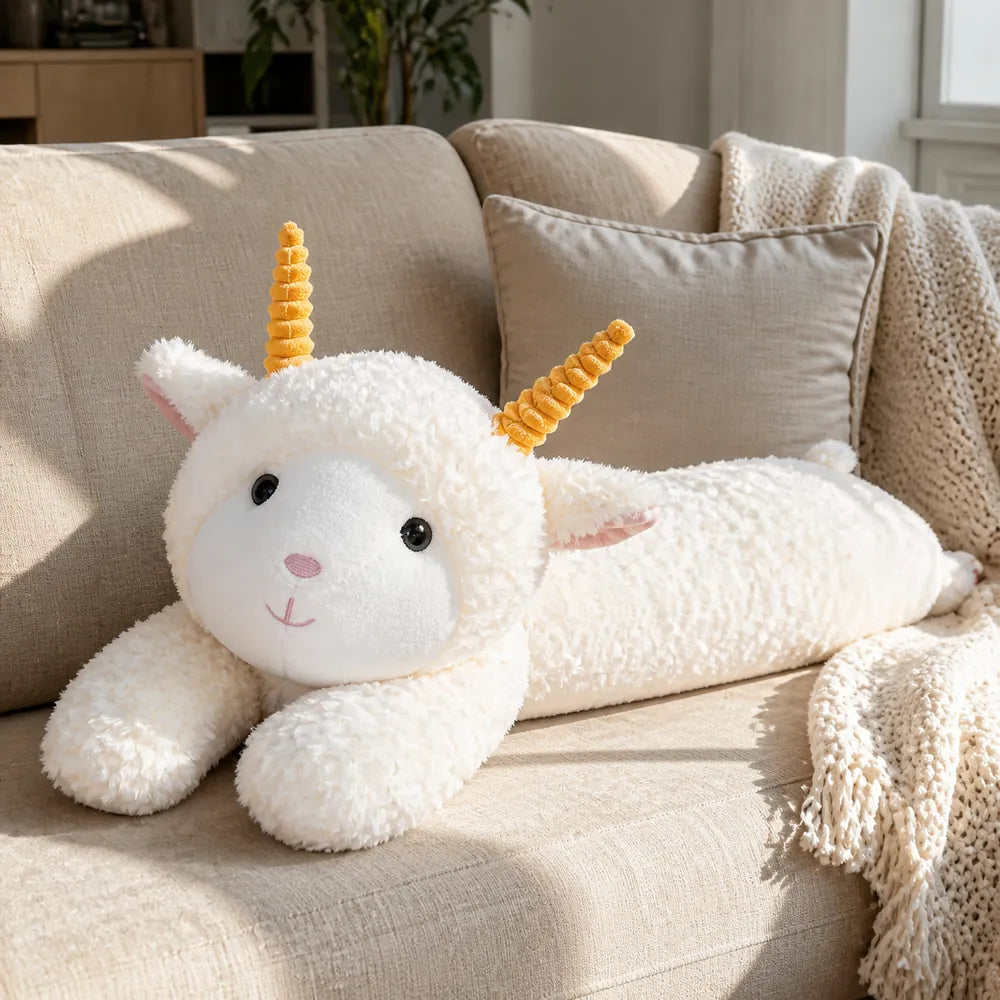White Long Unicorn Plush Pillow on a Cozy Sofa