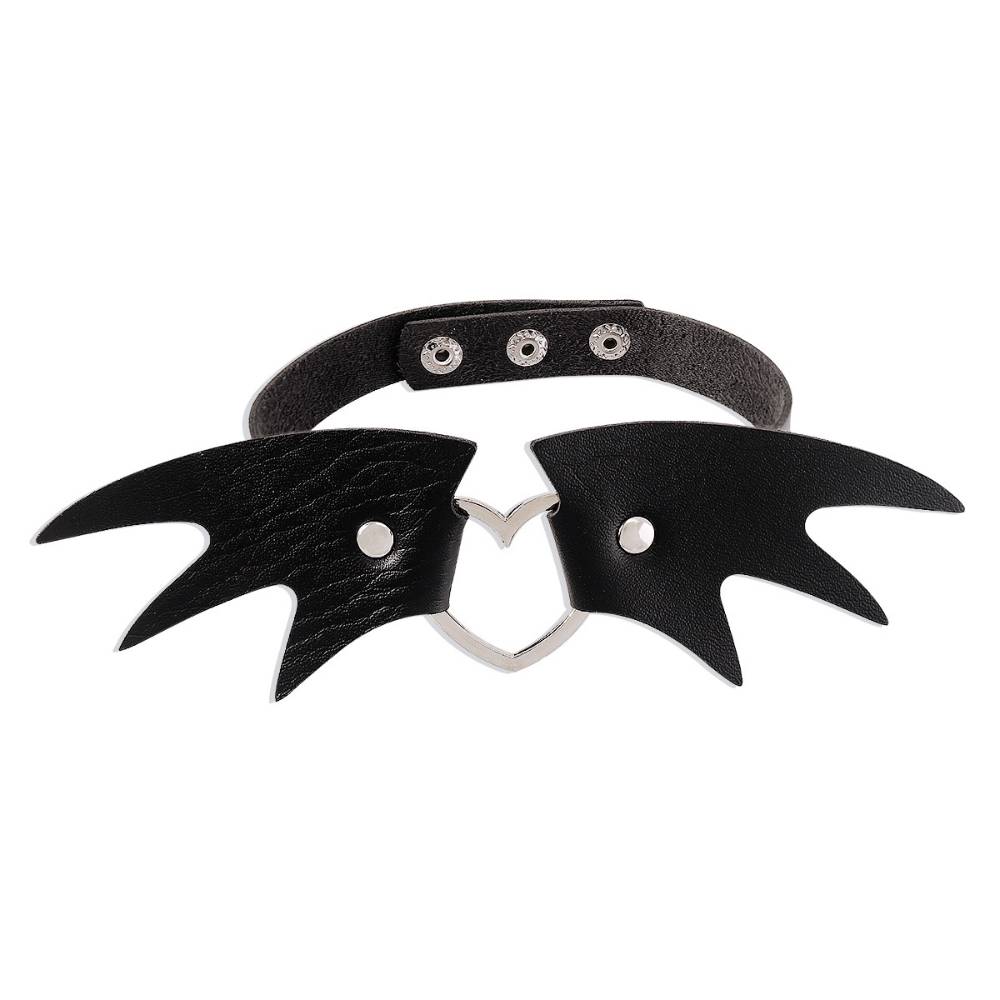 Punk Leather Heart Choker with Bat Wings