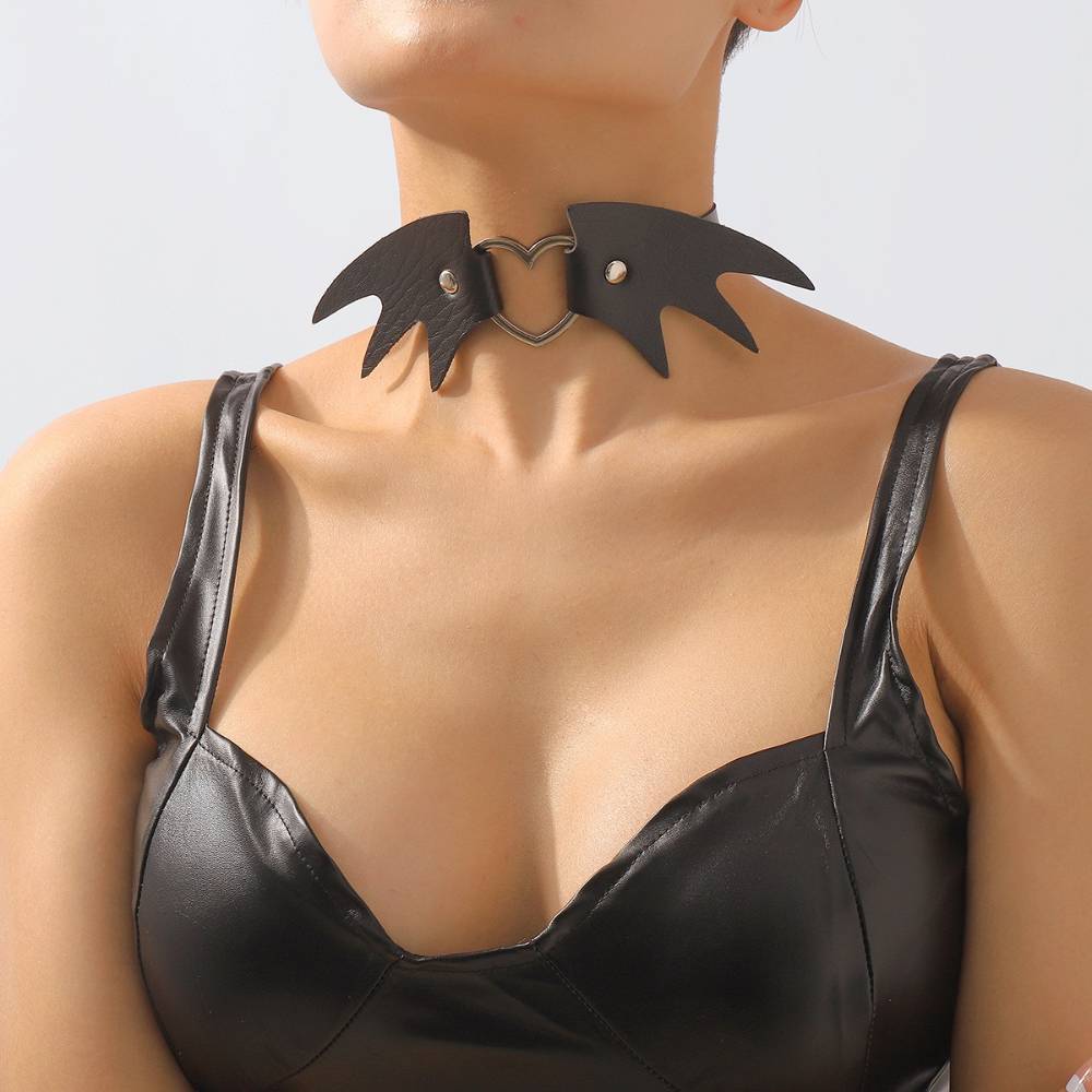 Punk Leather Heart Choker with Bat Wings