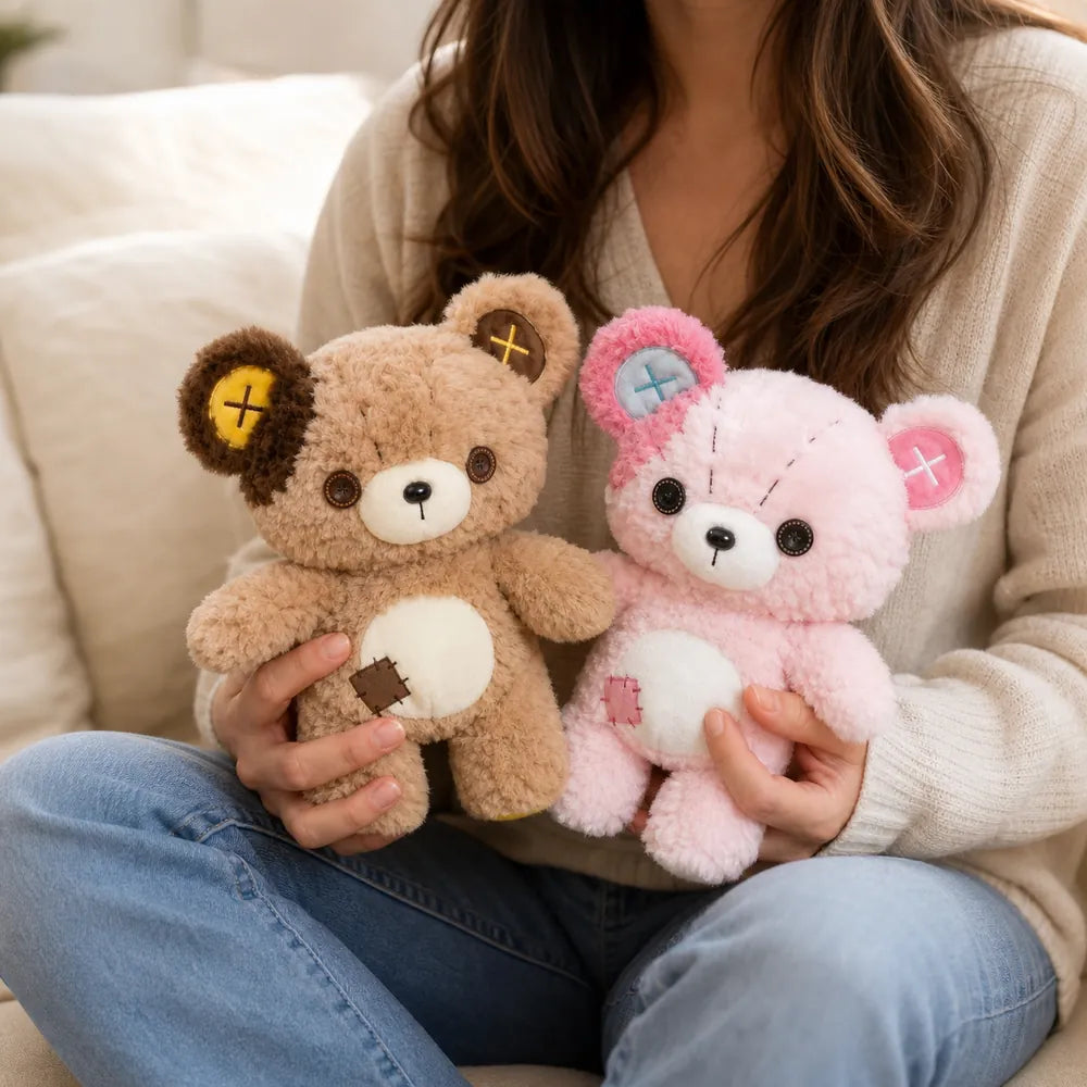Woman Holding Tan and Pink Patchwork Teddy Bear Plush Toys