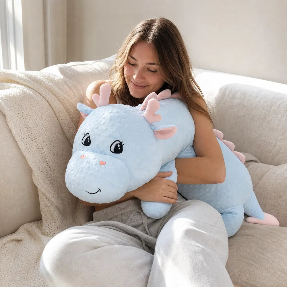 Woman Hugging a Blue 80cm Long Dinosaur Plush Toy