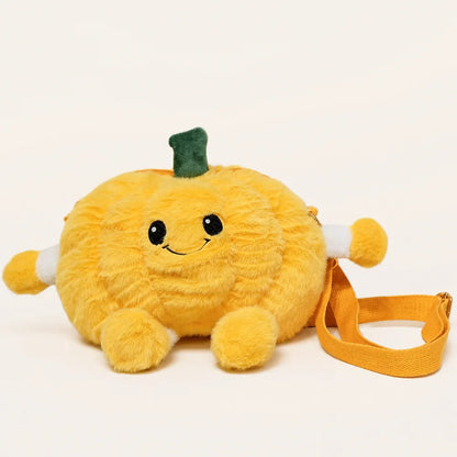 Yellow Pumpkin Plush Crossbody Bag on Warm Ivory Background