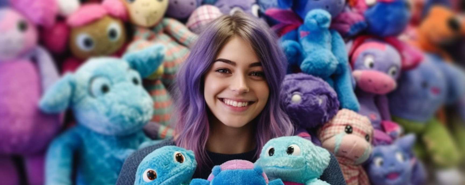 young woman hold a lots stuffed animals PlushThis